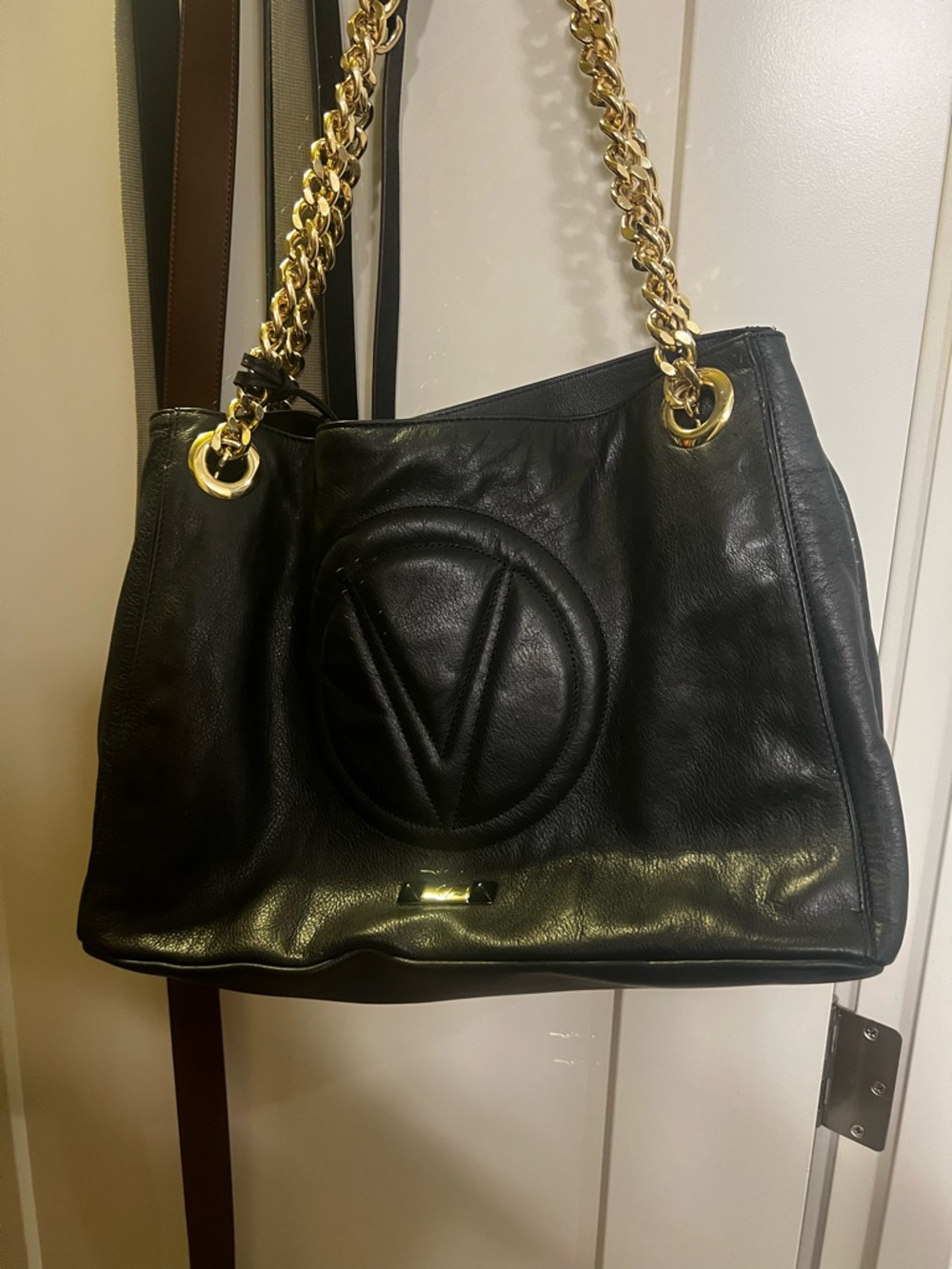 Valentino Black Leather Shoulder Bag with Gold Chain Straps
